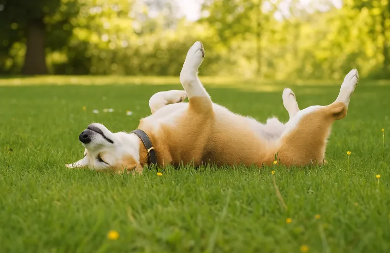 dog laying in green grass lawn